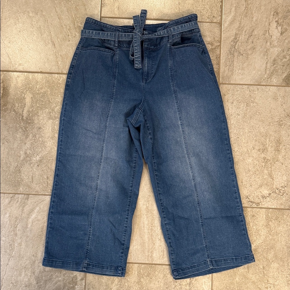 Westbound Indigo Wide-Leg Cropped Jeans with Waist Tie